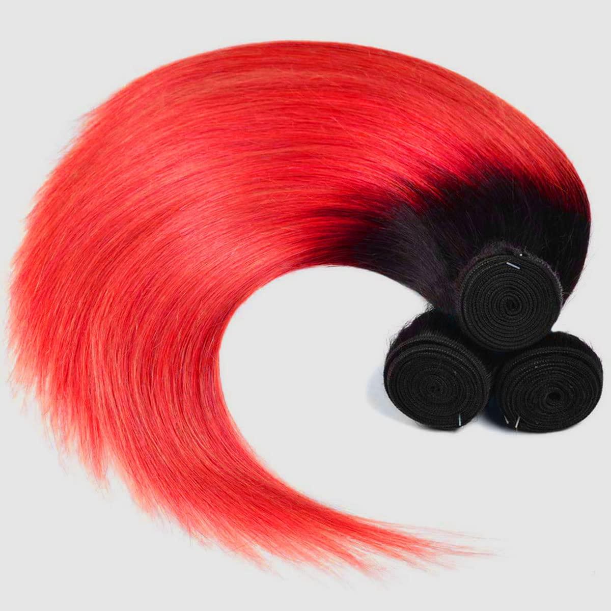 muaowig Red Human Hair Bundles Tow Tone Hair 3 Bundles Straight Ombre Red Bundles For Black Women Unprocessed Virgin Hair Weave 12 14 16 inch