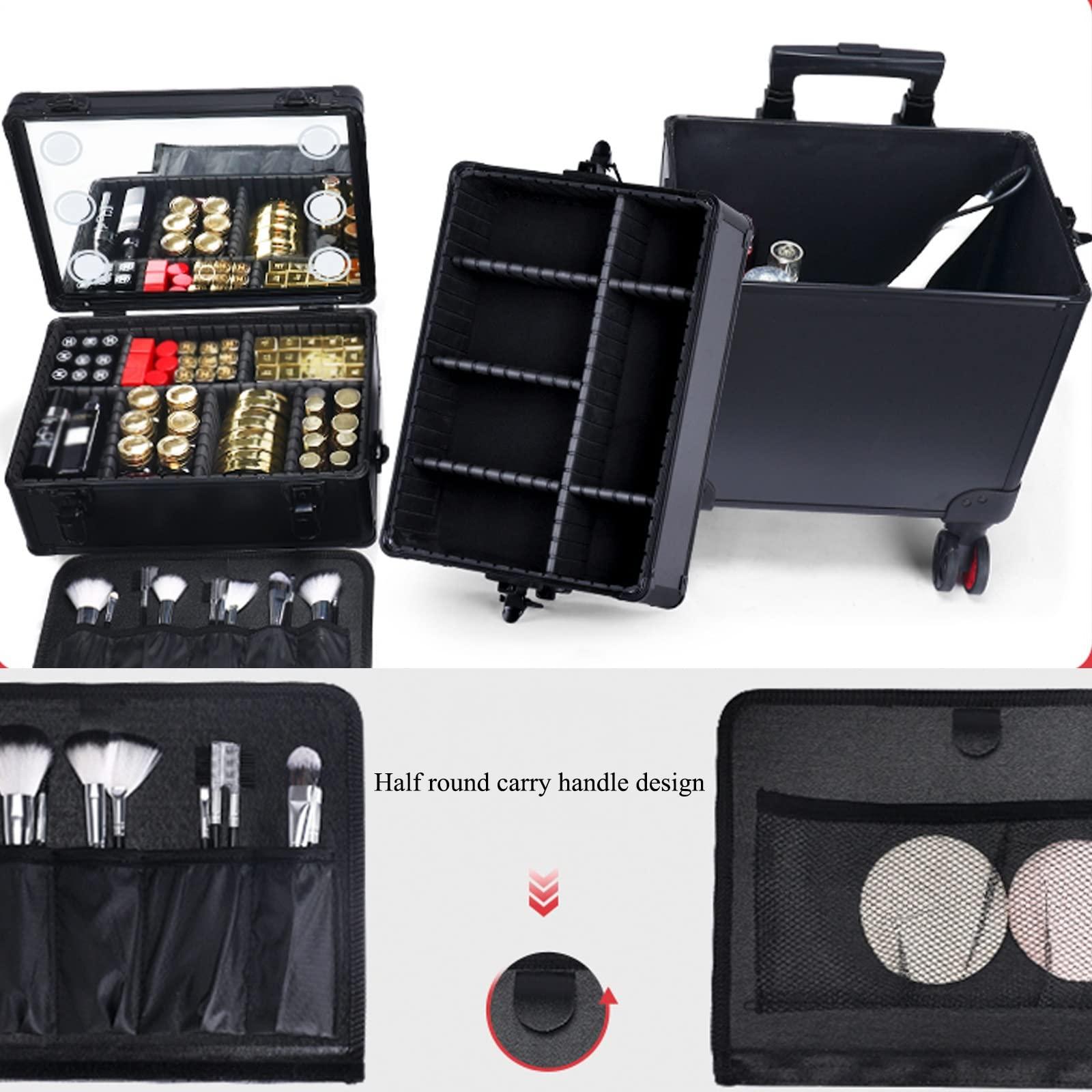 HJXGQJM Rolling Makeup Case Professional Makeup Train Case Makeup Artist Travel Organizer, Three-tone Lighting, Adjustable Divider Design, Makeup Case Professional Makeup Case Omni-Directional Wheels ( Color