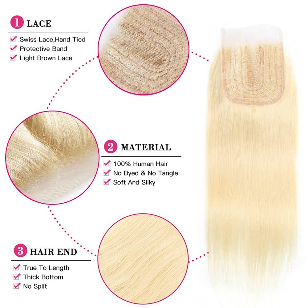 EREE HAIR EREE HAIR 613# Blonde Brazilin Straight Virgin Hair 3 Bundles with 4x4 Lace Closure Middle Part T Part Lace Closure Remy Human Hair Wefts Weave(22 24 26 with 20)
