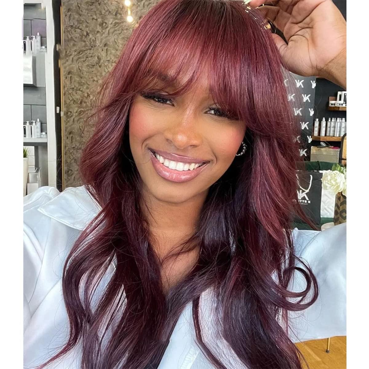 Kislemon Burgundy Wig Human Hair Red Wigs with Bangs Brazilian Virgin Straight Wig with Bangs Full Machine Made None Lace Front Wigs For Black Women 16 Inch