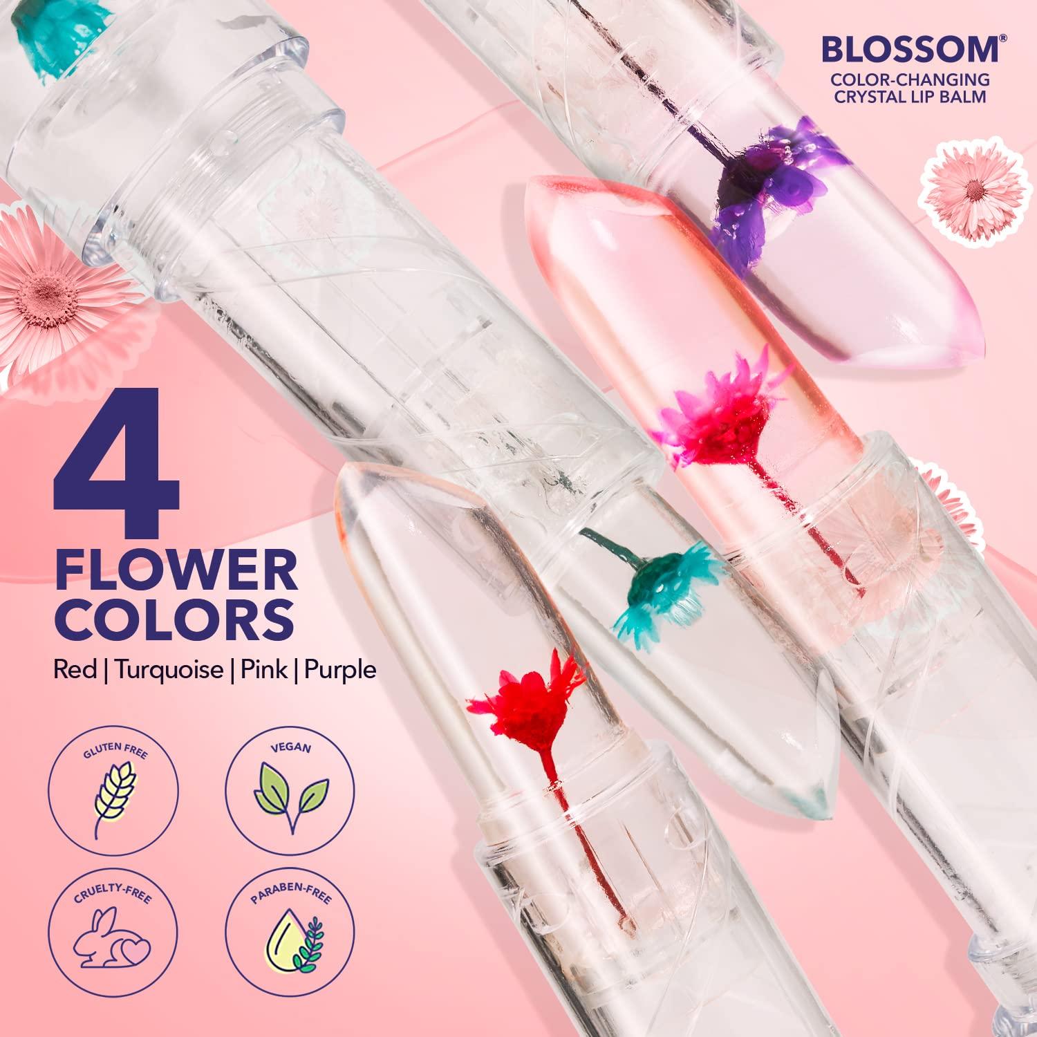 Blossom Blossom Lip Gloss Moisturizing pH Lip Balm, Strawberry Scented Color Changing Crystal Lip Stain Tint, Infused with Real Flowers, 3g, Turquoise