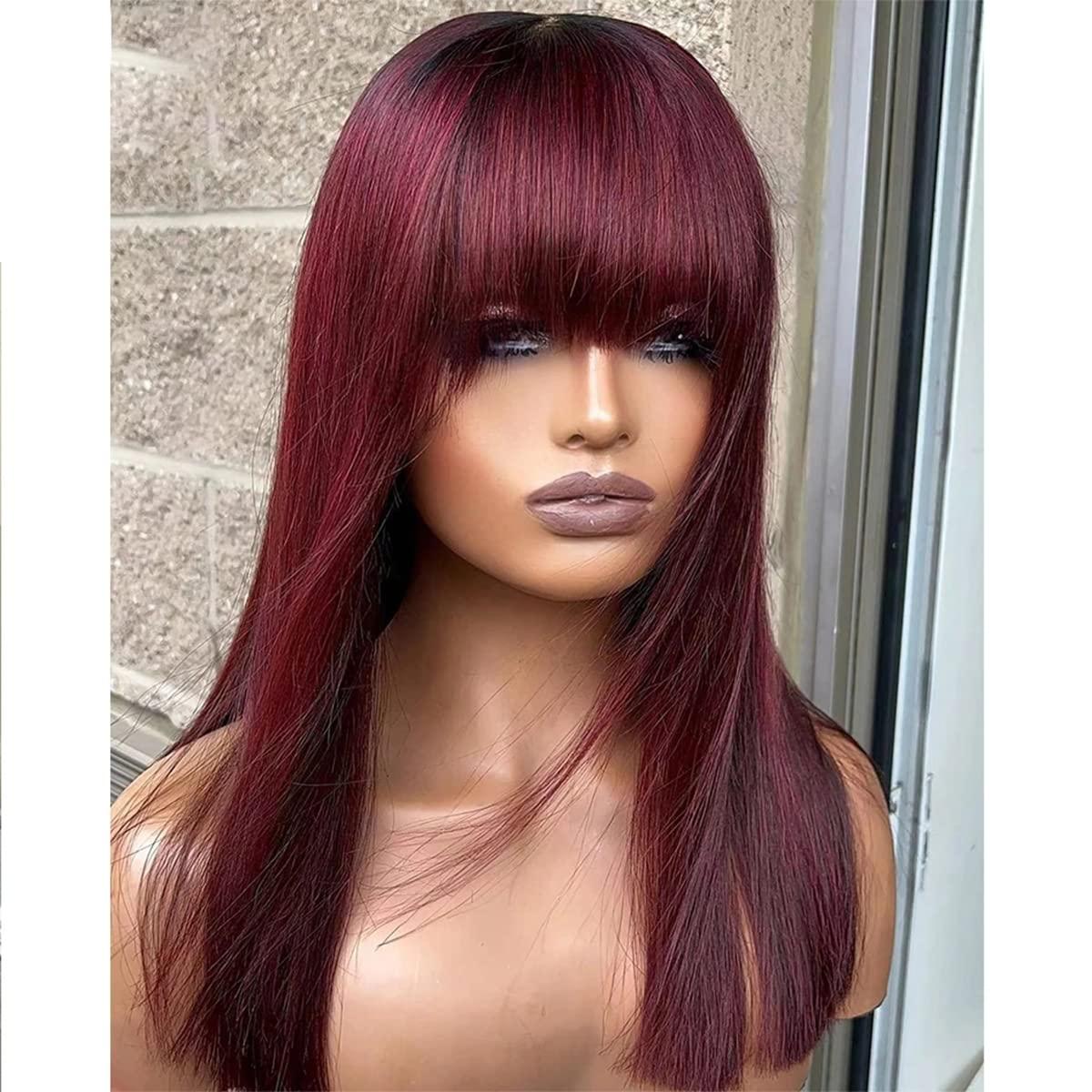 Kislemon Burgundy Wig Human Hair Red Wigs with Bangs Brazilian Virgin Straight Wig with Bangs Full Machine Made None Lace Front Wigs For Black Women 16 Inch