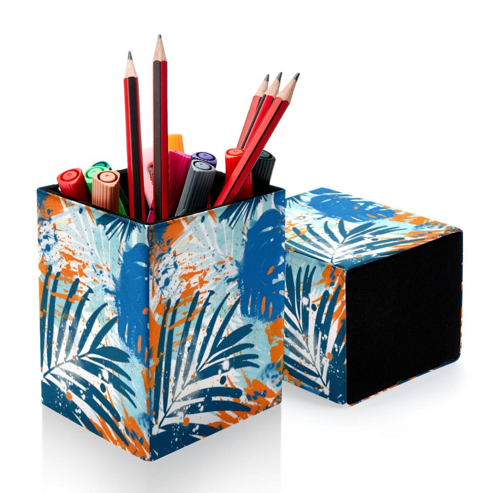 FNETJXF FNETJXF Makeup Brush Holder, Desktop Organizer, Pen Organizer, Orange Blue Tropical Leaves Abstract, Multi-Functional Desktop Organizer