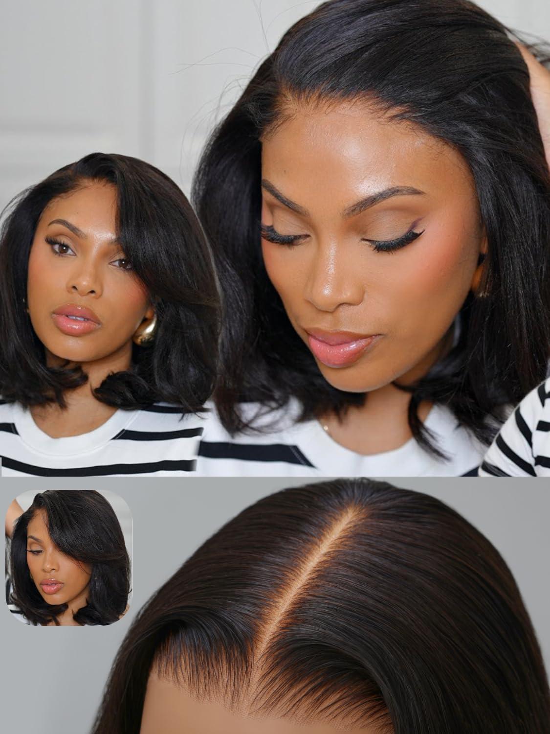 Nadula Nadula Bye Bye Knots Glueless Yaki Straight Bob 7x5 Lace Front Wigs Human Hair Pre Plucked Invisible Knots Pre Everything 3S Ready to Wear Short Yaki Bob Wigs Pre Cut 150% Density 12inch