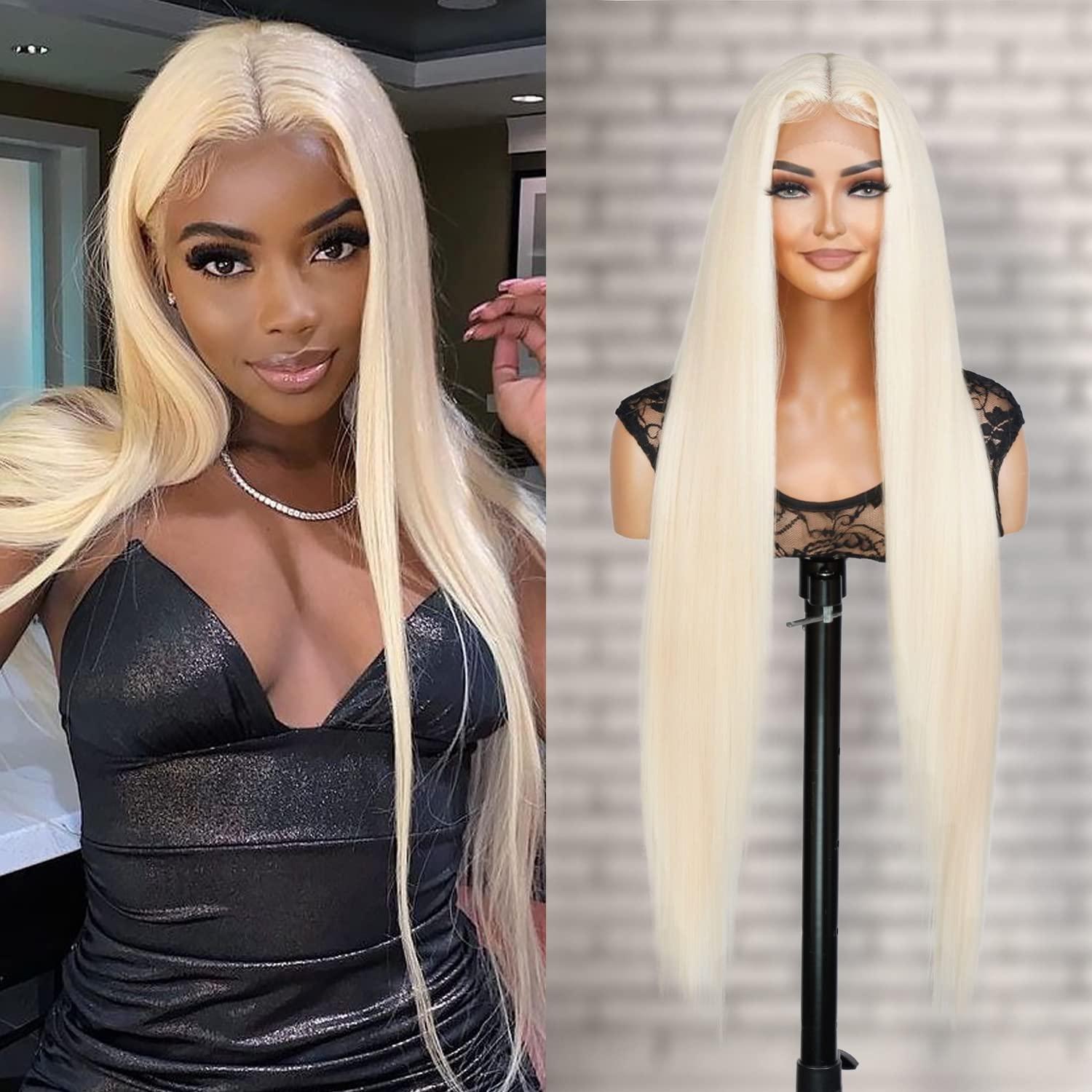 STUDIOCUT BY PROS STUDIOCUT BY PROS Lace Front Wig 36 Inch Bone Straight Super Long length Middle Center Part Wig for Black Women Realistic Hairline Heat Resistant Synthetic Wigs DPL002 (36 Inch, 613-Light Blonde)