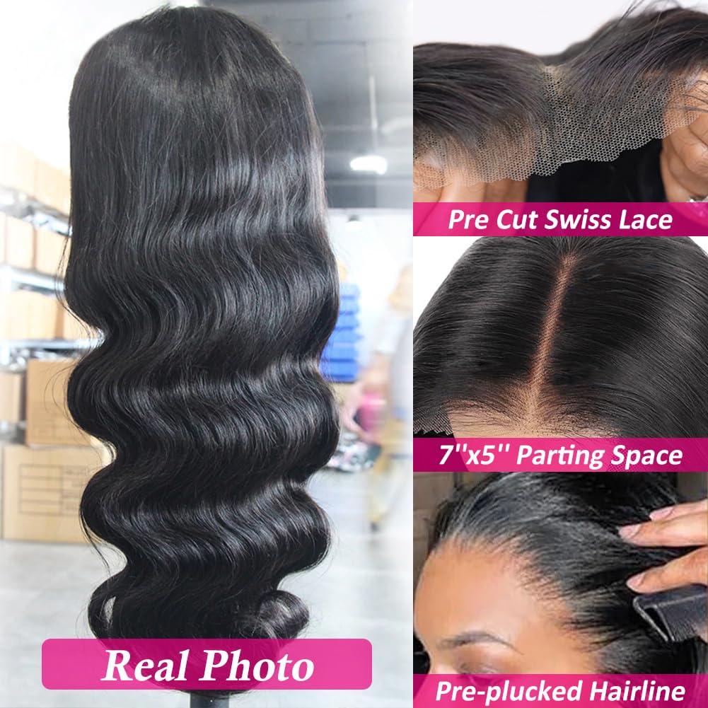 Flady Flady 28 inch Glueless Wigs Human Hair Pre Plucked Pre Cut 7x5 HD Lace Front Wigs Human Hair Body Wave Frontal Wigs Human Hair 200 Density Ready To Go Wig for Black Women