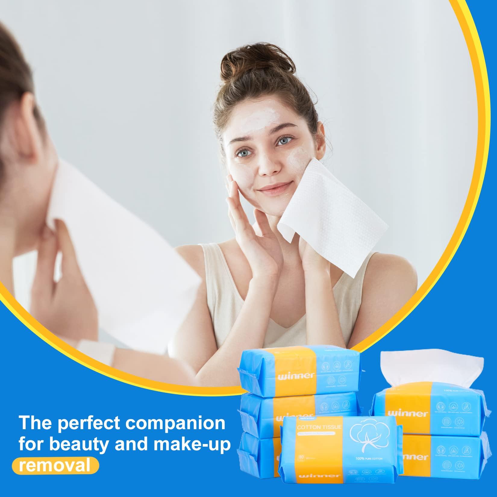Winner Winner Disposable Face Towels | 100% USA Cotton Daily Face Towelettes, Double-sided Makeup Remover Dry Wipes, Super Soft and Thick Facial Towels for Sensitive Skin, 480 Count, 6 Pack