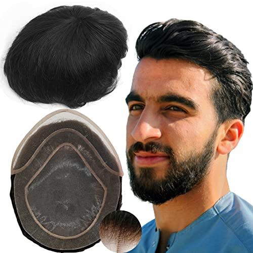 YANAHAIR YANAHAIR Toupee for Men men hair pieces Mens Hollywood Toupee Human Hair Replacement System 100% European Real Human Prosthesis Hair System Fine French Lace with PU Around (#1B Off Black, 8x10)