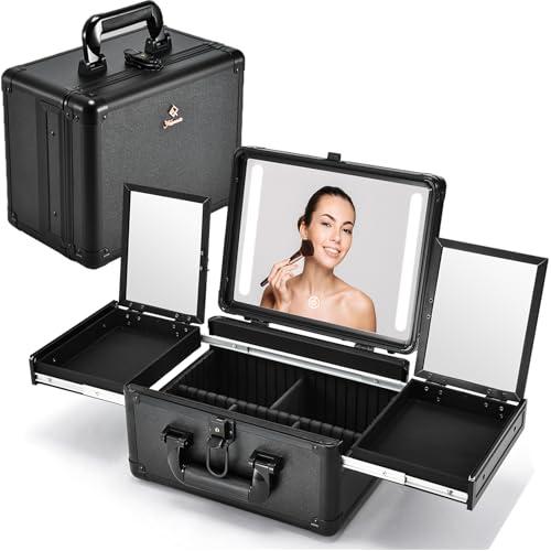 Faquenc Faquenc Travel Makeup Case With LED Mirror, Makeup Train Case with Light up Mirror, Artist Portable Makeup Organizer Bag with Adjustable Dividers, Fold-out Trays for Jewelry Storage, Black