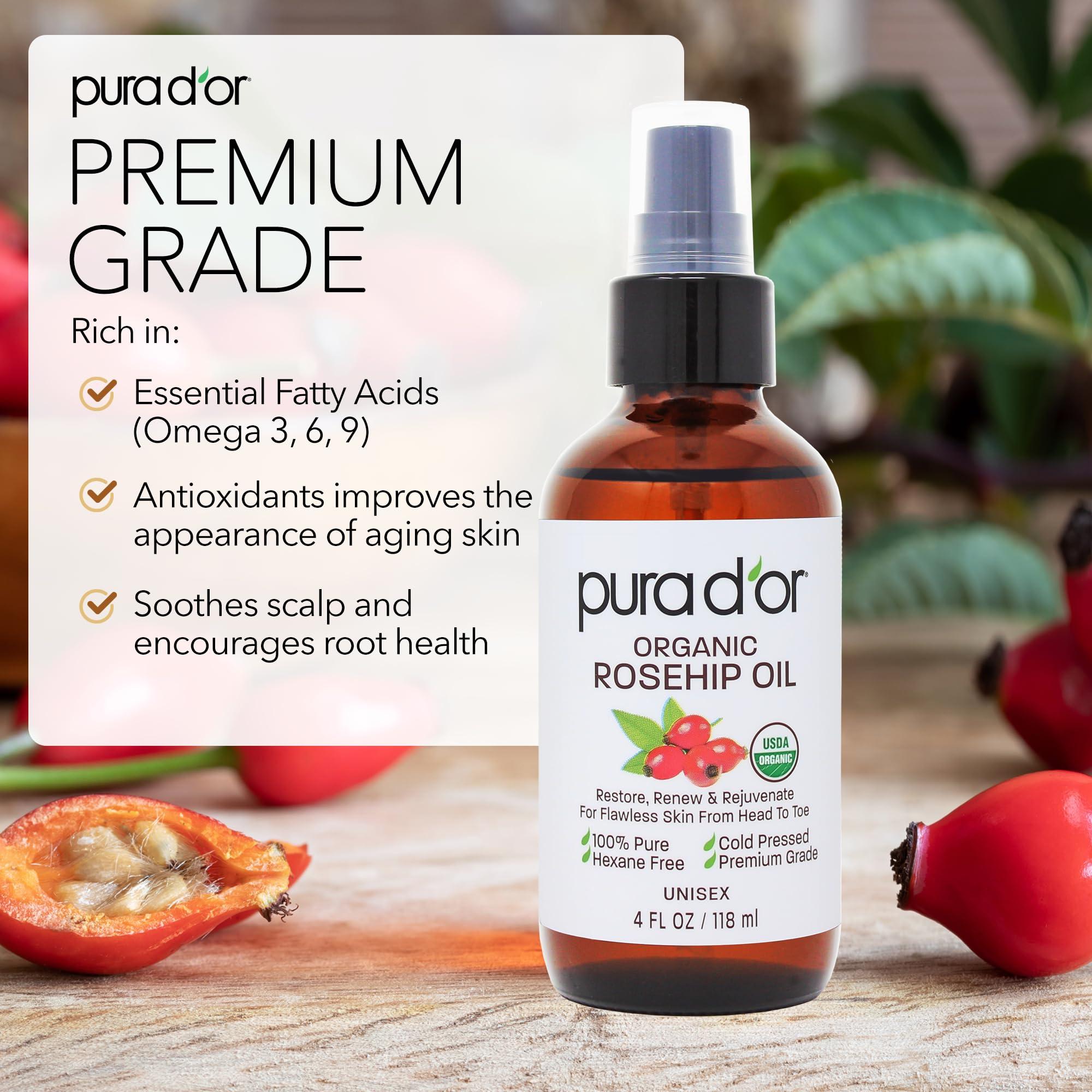 PURA D\'OR PURA D\'OR 16 Oz Fractionated Coconut Oil, 4 Oz Rosehip Seed Oil - Organic Oils for Skin, Hair & Face