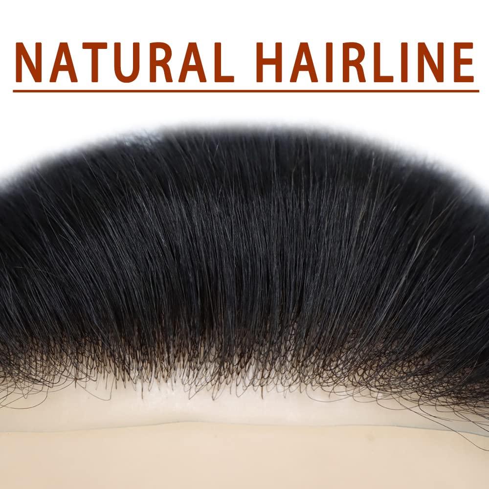Healthlif Frontal Hair Piece For Receding Hairline Men\'S Toupee V-Shape Hairline European Human Hair Patch For Men Pu Frontal Hairpiece For Men Frontal Cover Hair Replacement System #1B OFF BLACK 100% Density
