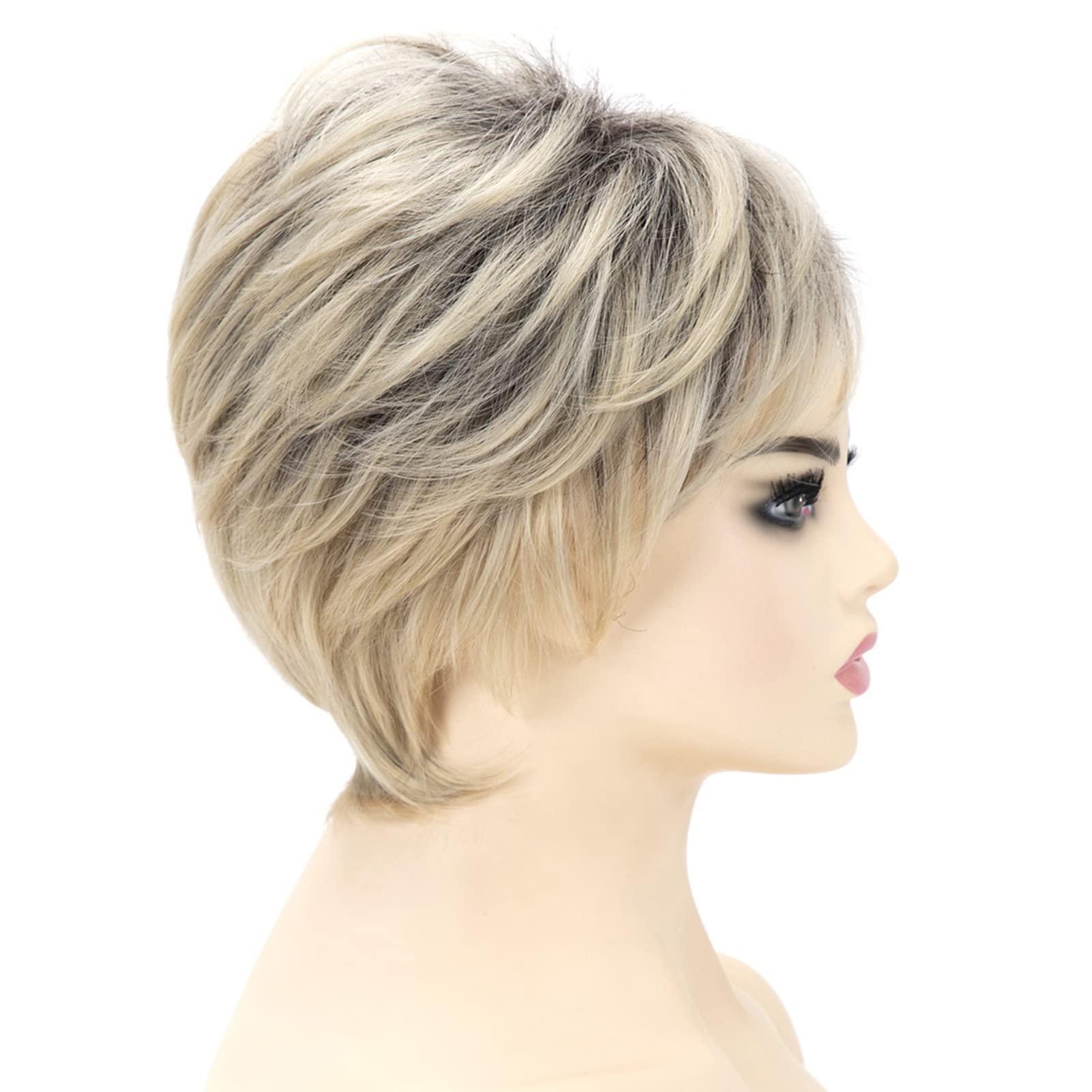 Happy Cherry Happy Cherry Human Hair Wigs with Bangs Blonde Short Wigs for White Women Layered Shaggy Synthetic Wig Mom Wigs Ombre Hair Wigs with Cap Comb