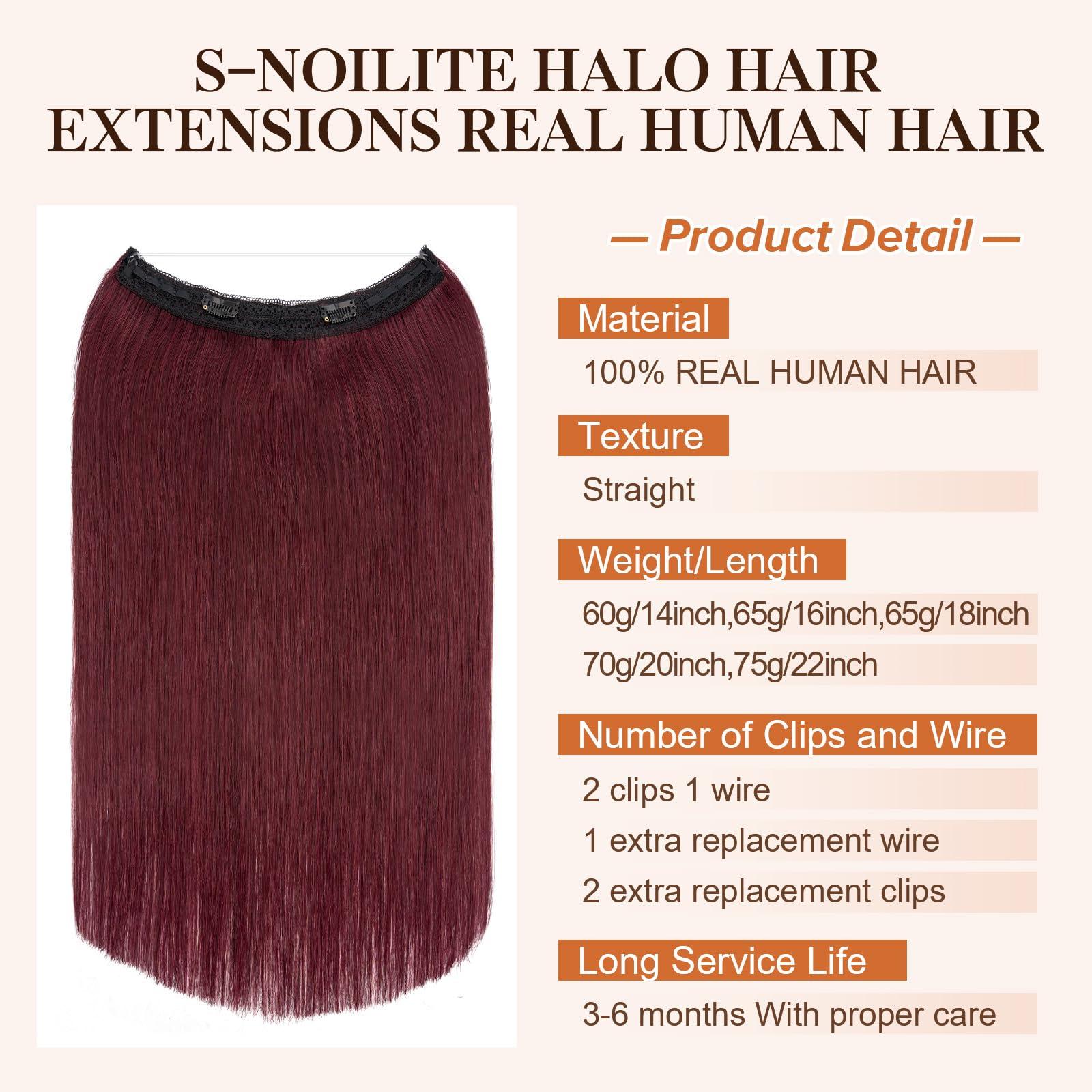S-noilite Halo Hair Extensions Real Human Hair,S-noilite Halo Hair Extensions,Halo Hair Extension for Women,100% Human Hair Halo Extensions,Halo Hair 65g/18inch 99J Wine Red