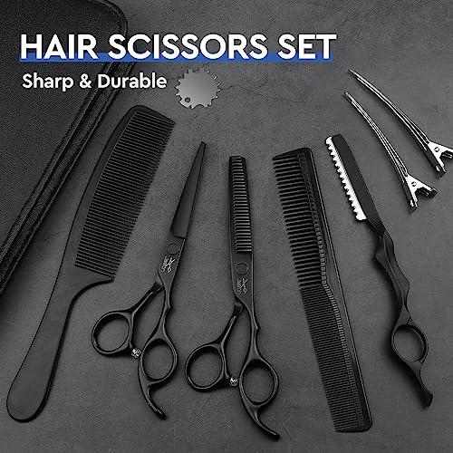 JASON JASON Hair Cutting Scissors Set - Professional 10 PCS Haircut Scissors kit, Thinning Blender Scissors, Straight Shears with 30 Teeth for Men Women Home Salon Barber (6.5\", Black)