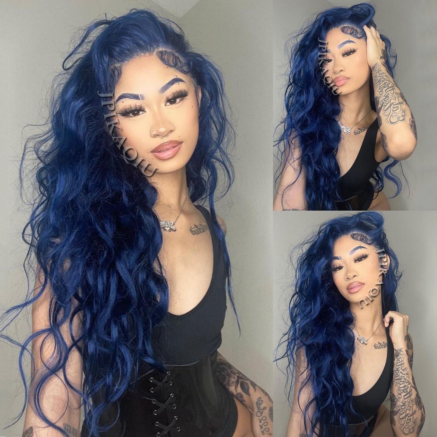 JPIKAQIU JPIKAQIU 24 Inch Dark Blue Wig Blue Lace Front Wig Pre Plucked Long Body Wave 13x3 HD Lace Wig Glueless Navy Blue Colored Synthetic Lace Front Wigs For Fashion Women
