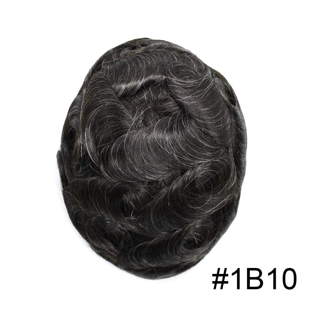 Generic Mens Toupee Human Hair HAIR WONDERS Toupee For Men Hair Units Full 0.12mm Thin Skin Hair System with Natural Hairline Mens Hair Piece (6\'\'*8\'\', #1B10 1B# OFF BLACK WITH 10% SYNTHETIC GREY-120% medium light to medium density)