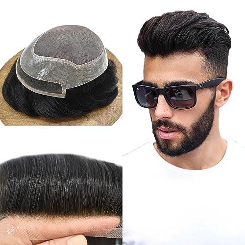 Brave Hair Generic Hair System for Men Toupee Human Hair Pieces French Lace Front Bleached Knot Toupee for Men Hair Replacement Systems Durable Fine Monofilament Men\'s Hairpiece 8X10 1B# OFF BLACK