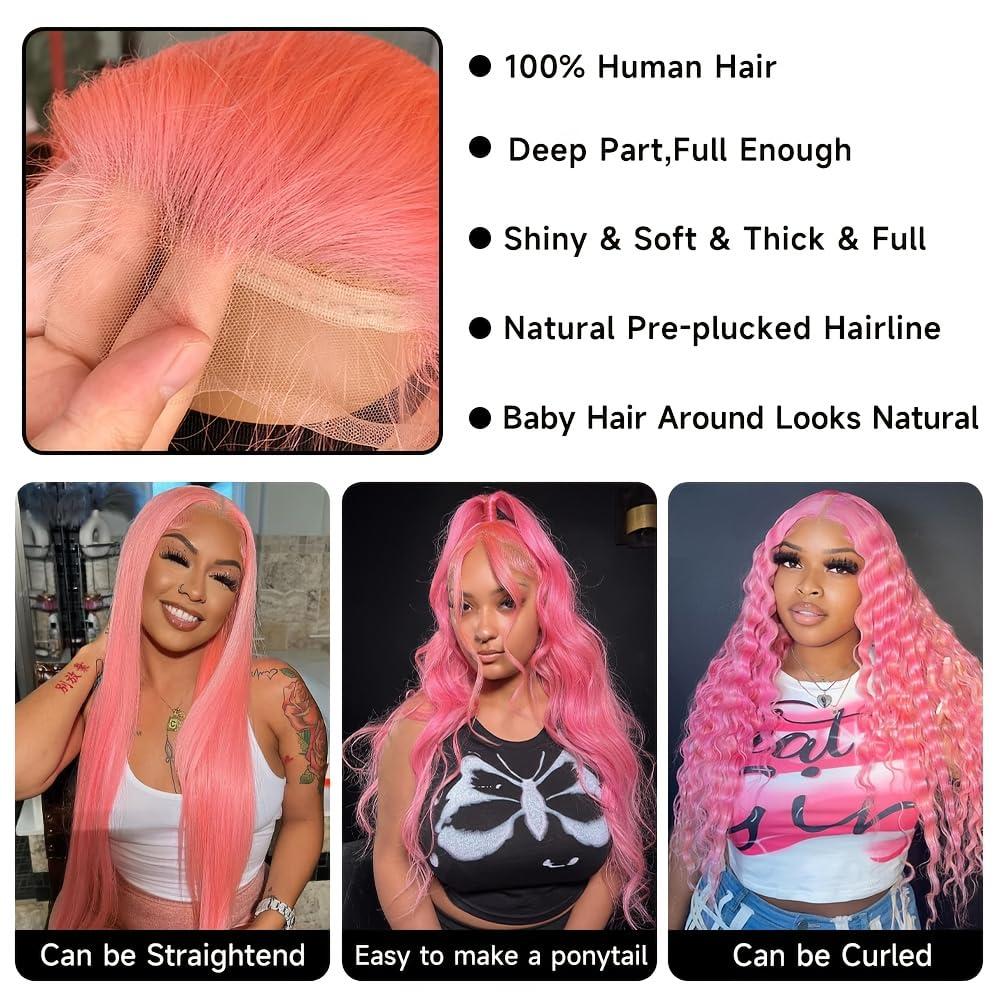 Mscathy Mscathy Pink Body Wave Lace Front Wigs Human Hair Pre Plucked 150 Density Pink Human Hair 134 Lace Front Wigs for Women(26 Inch, Pink)