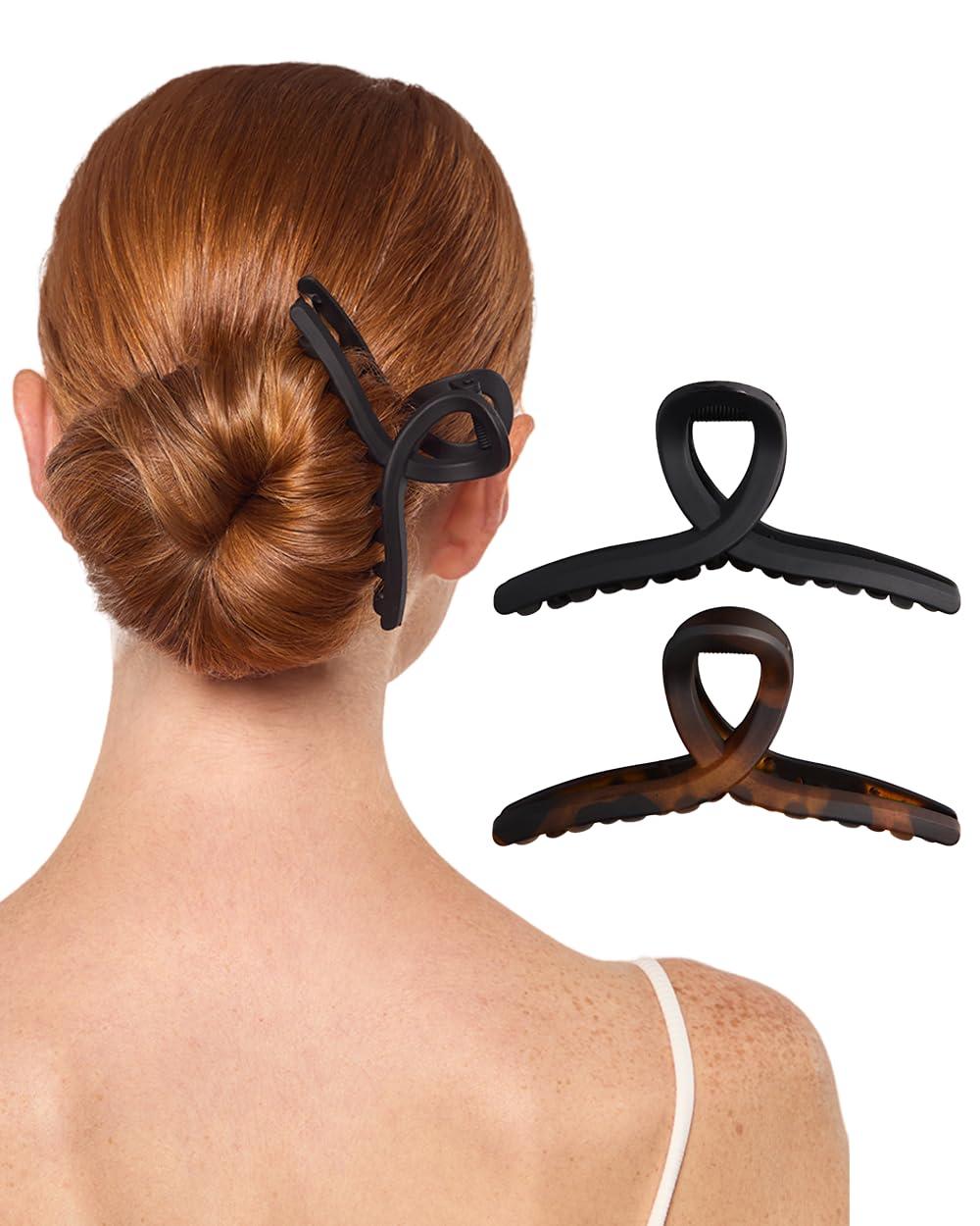 Kitsch Kitsch Large Hair Clips for Women - Jumbo Loop Hair Claw Clips for Thick Hair | Big Hair Clip & Claw Clip for Teen Girls | Stylish Banana Clip | Hair Styling Accessories (2pc Tortoise&Black)