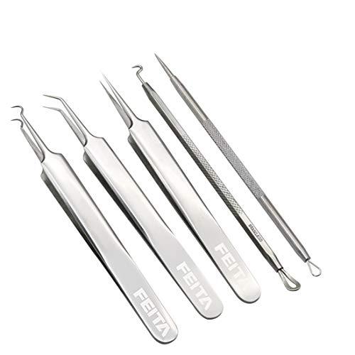 FEITA Blackhead Remover Kit - FEITA Blackhead Tweezers Removal Tool Kit Set - Acne Tweezers Pimple Comedone Extractor With Travel Case (5 Pcs)