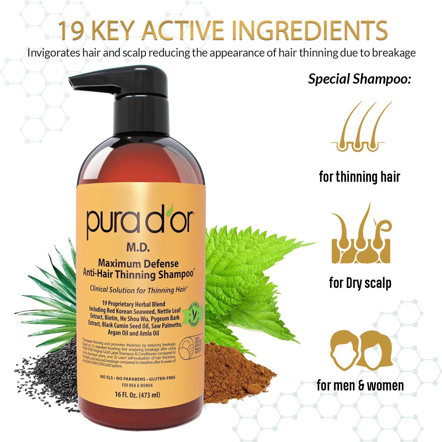 PURA D\'OR PURA D\'OR Anti-Thinning Biotin Shampoo & Conditioner Set & Scalp Therapy Energizing Scalp Serum Revitalizer (4oz) with Argan Oil, Biotin, Caffeine, Stem Cell, Catalase & DHT Blockers, All Hair Types