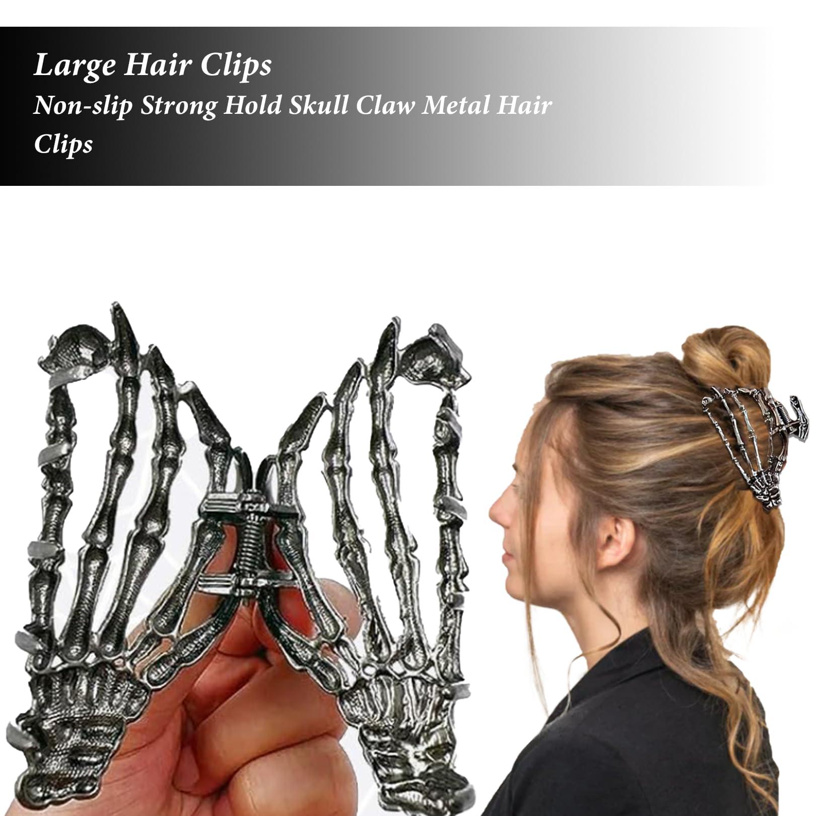 Wziys Skeleton Hair Claw Clip, Gothic Hair Accessories Gifts for Women, Skull Hair Claw Clip, Metal Claw Clip Black Skull Hand Hair Barrettes for Thick Hair, Halloween Hair Accessories for Women