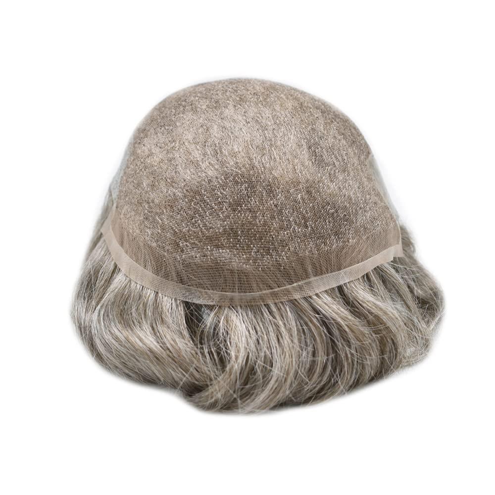 Generic Gray Toupee For Men European Human Hair Piece Swiss Lace Front Mens Toupee Bleached Knots Natural Hairline Gray White Hair Replacement System For Men. (8x10\'\'-100% Light Med-Light Density, 370# Dark Brown with 70% Synthetic Gray)
