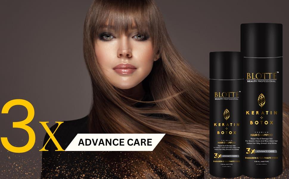 BLOTT BEAUTY PROFESSIONAL BLOTT Keratin & Botox Premium Hair Shampoo - Repair Dry & Damage Hair For Keratin, Botox And Blow Wave Hair Heading -Makes Hair Silky, Smooth & Shine 3 X Advance Care Paraben & Sulphate Free 320 ML