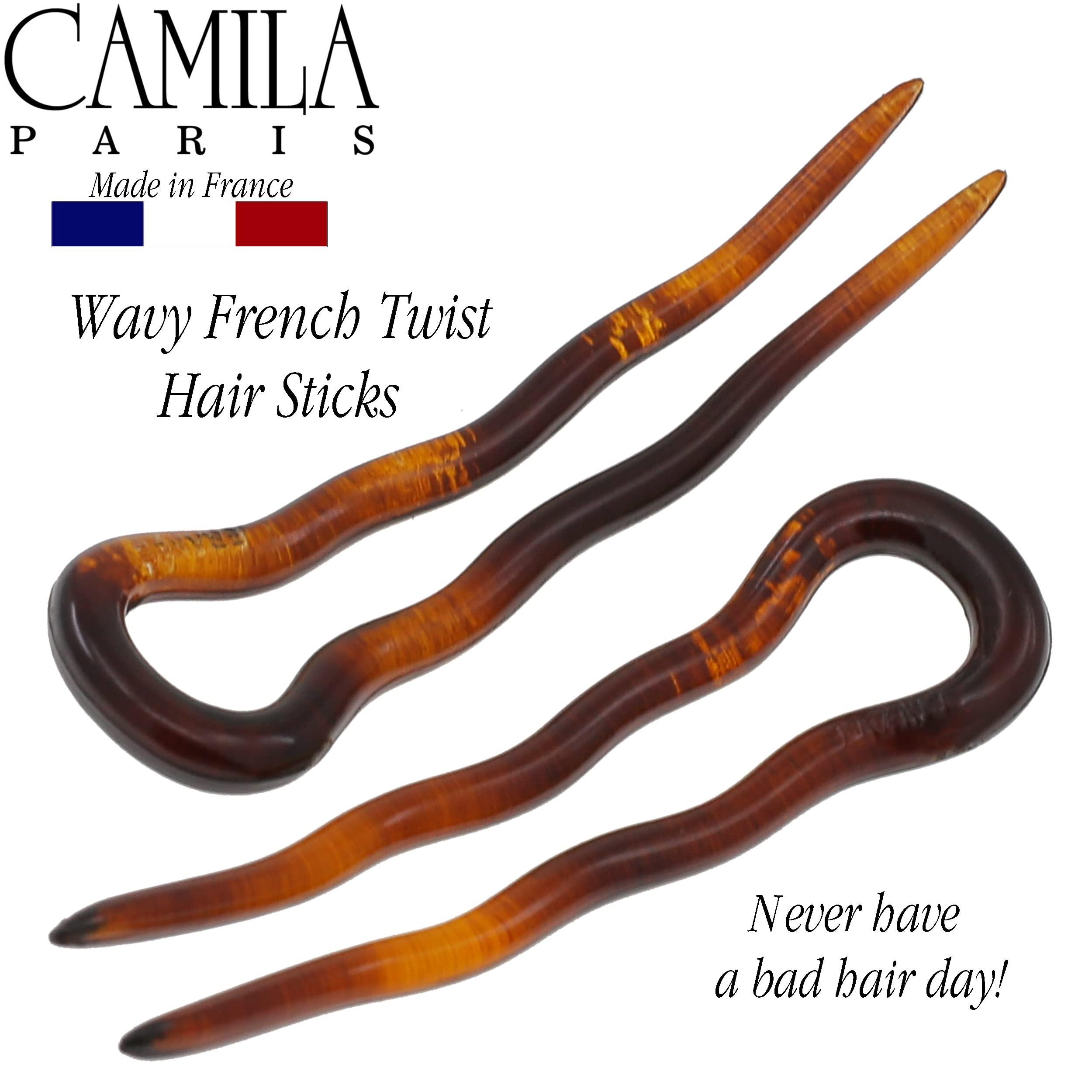 Camila Camila Paris AD823 French Twist Stick Hair Fork, 4 Small Wavy U Shaped Hair Pin Clip for Spiral Updo Bun, Tortoise Shell, Fashion Flexible Durable Styling Hair Accessories for Women, Made in France