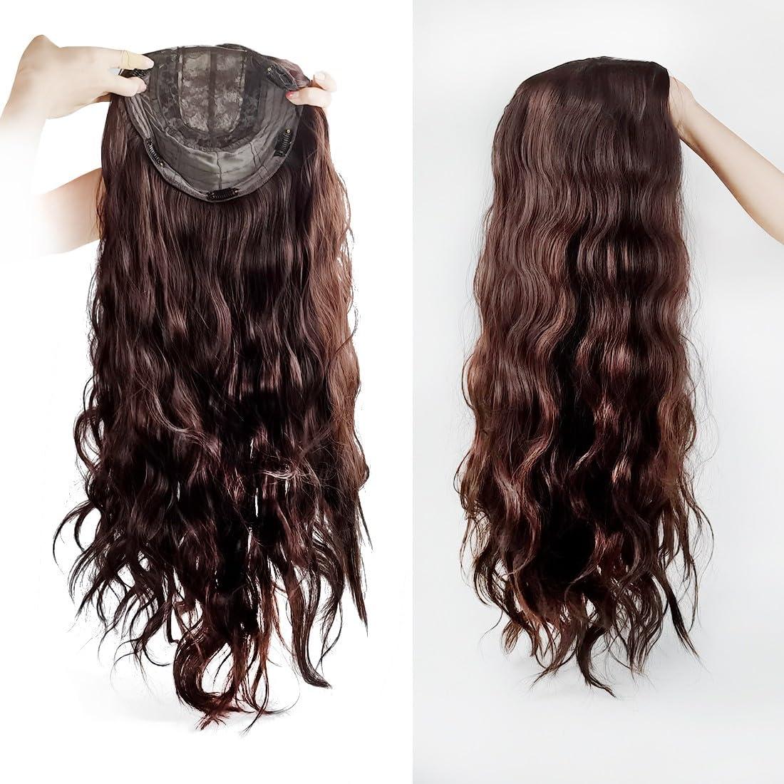 LesafeV 18x18cm Side Part Hair Topper Clip in 150% Density Cloud Wavy Wig 55cm Large Full Head Wear Toupee Silk Clouth Base (Left Part Off Black)