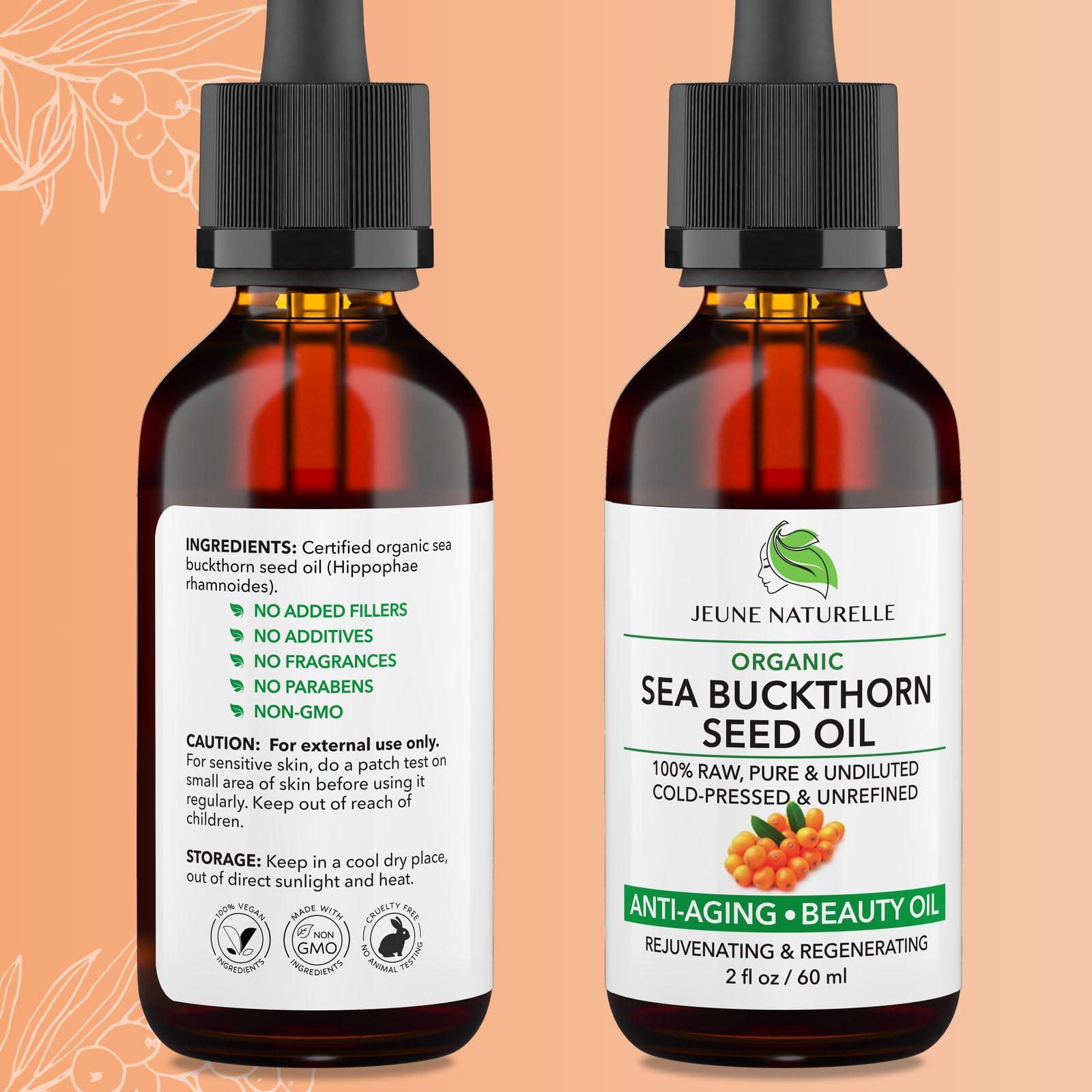 Jeune Naturelle Jeune Naturelle Sea Buckthorn Oil Organic, From Fruit & Seeds, 100% Pure RAW Virgin Cold-Pressed Undiluted Unrefined, Fast Absorbing, Travel Size, Non-Comedogenic