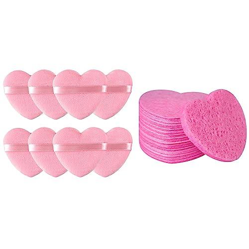 Spunspon 50 - Count Little Heart Cellulose Facial Sponges + 8pcs Wet and Dry Dual-use Makeup Puff, Pink