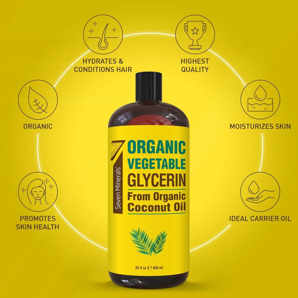 Seven Minerals Seven Minerals, Organic Vegetable Glycerin - Big 32 fl oz Bottle - No Palm Oil, Made with Organic Coconut Oil - Therapeutical Grade Glycerine for DIYs - Hair, Nails & Skin Moisturizer - Non-Gmo