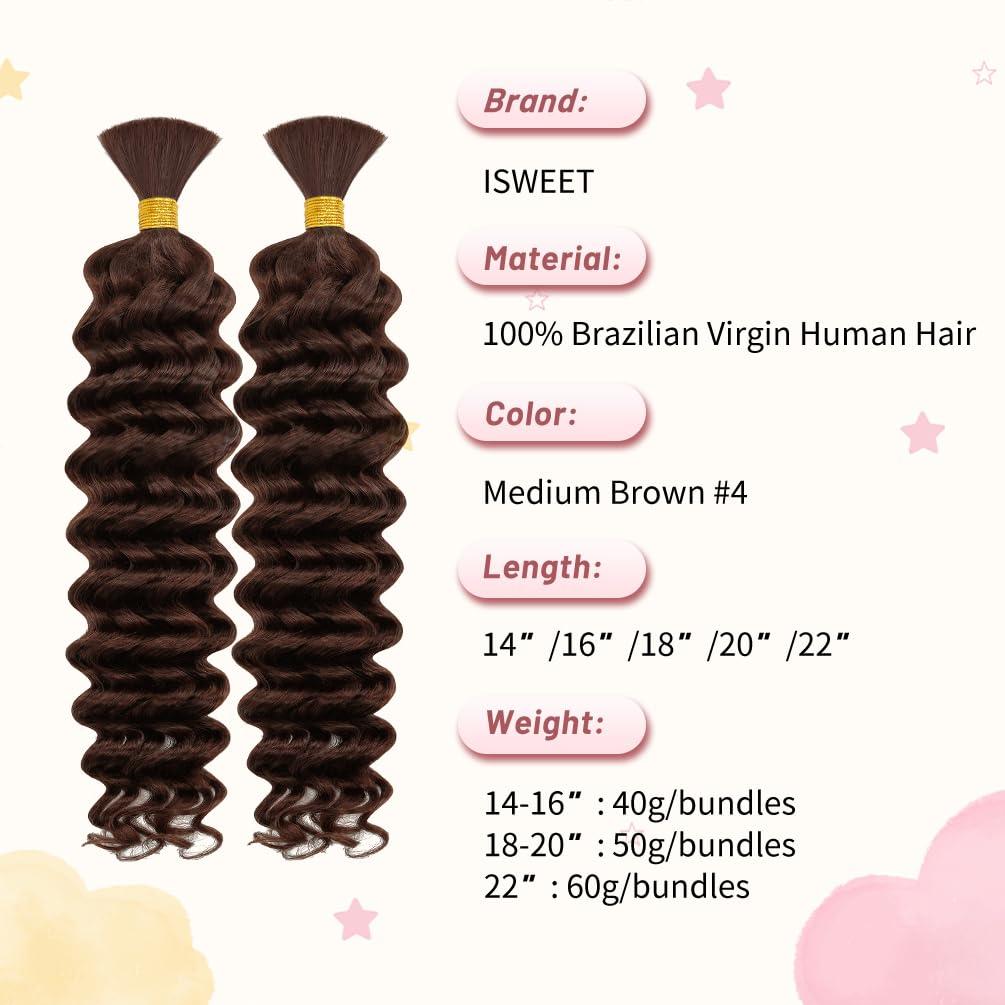 ISWEET 2 Bundle Human Braiding Hair for Boho Braids, 16Inch 80G #4 10A Brazilian Virgin Deep Wave Bulk Human Hair for Braiding, Wet And Wavy No Weft Curly Braiding Hair for Boho Knotless Braids