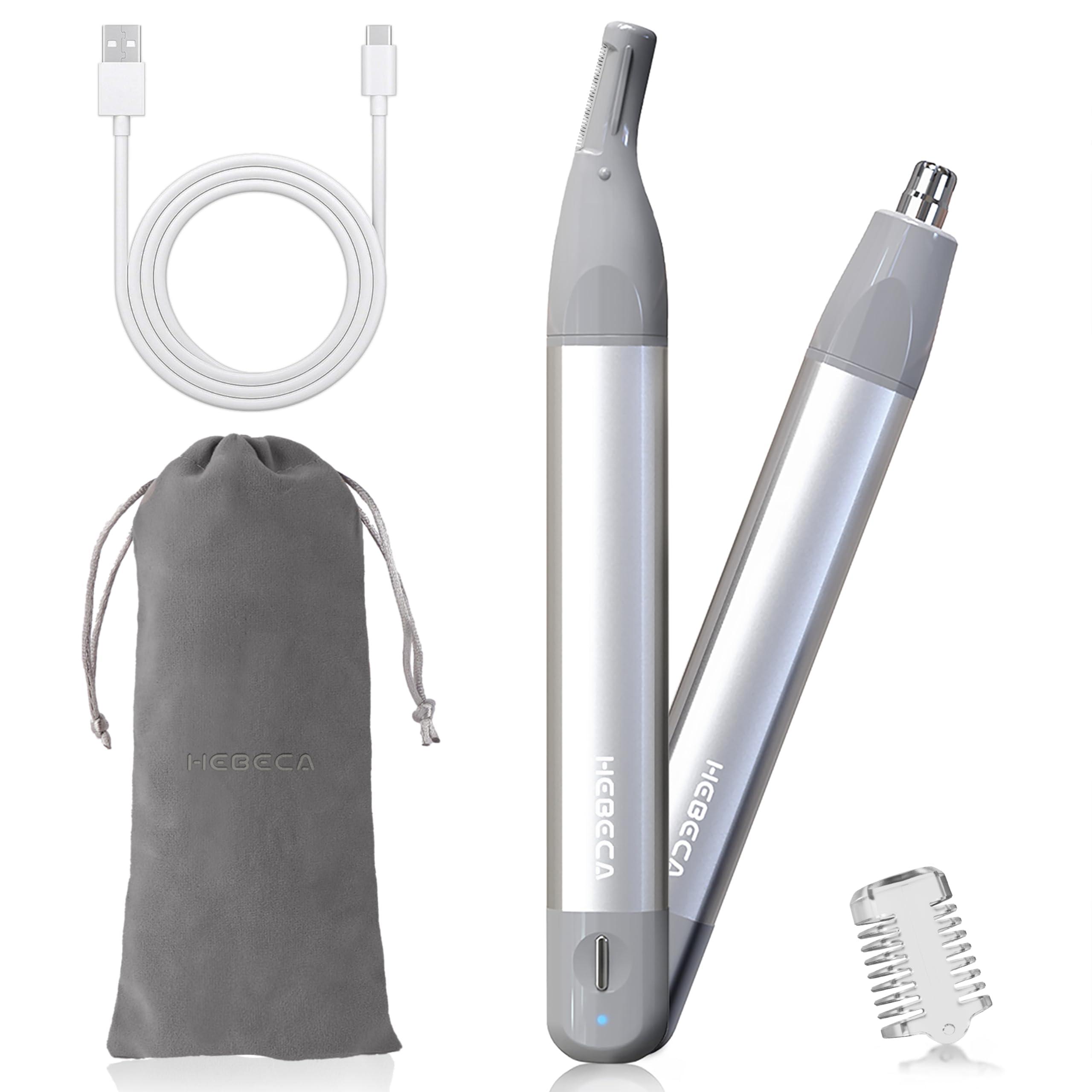 HEBECA HEBECA Nose Hair Trimmer for Women 2in1 Facial Hair Removal Trimmer - Metal Body, Rechargeable, Waterproof, Portable - Nose, Ear, Eyebrow, Peach-Fuzz, Lips, Chin FT2001 (Silver)