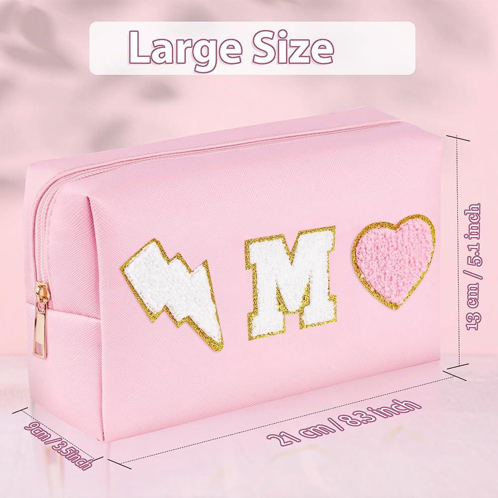 OEIPSMK OEIPSMK Personalized Makeup Bag Initial Chenille Letter Patch Cosmetic Bag Preepy Small Makeup Pouch Waterproof Leather Travel Toiletry Bag Monogram Make Up Pouch Birthday Gifts for Women, Medium
