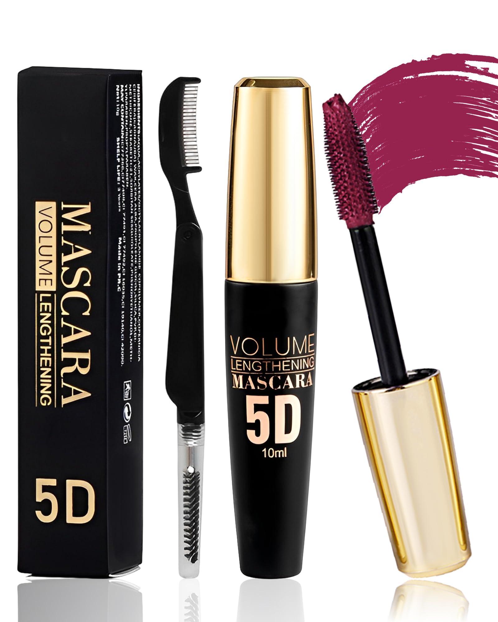 Lestpola Burgundy Mascara Waterproof Tubing Mascara, Volume and Length Voluminous Colored Mascara for Eyelashes, Long Lasting Smudge-proof Lengthening 5D Lash Mascara with Silk Fiber, No Flaking or Clumping