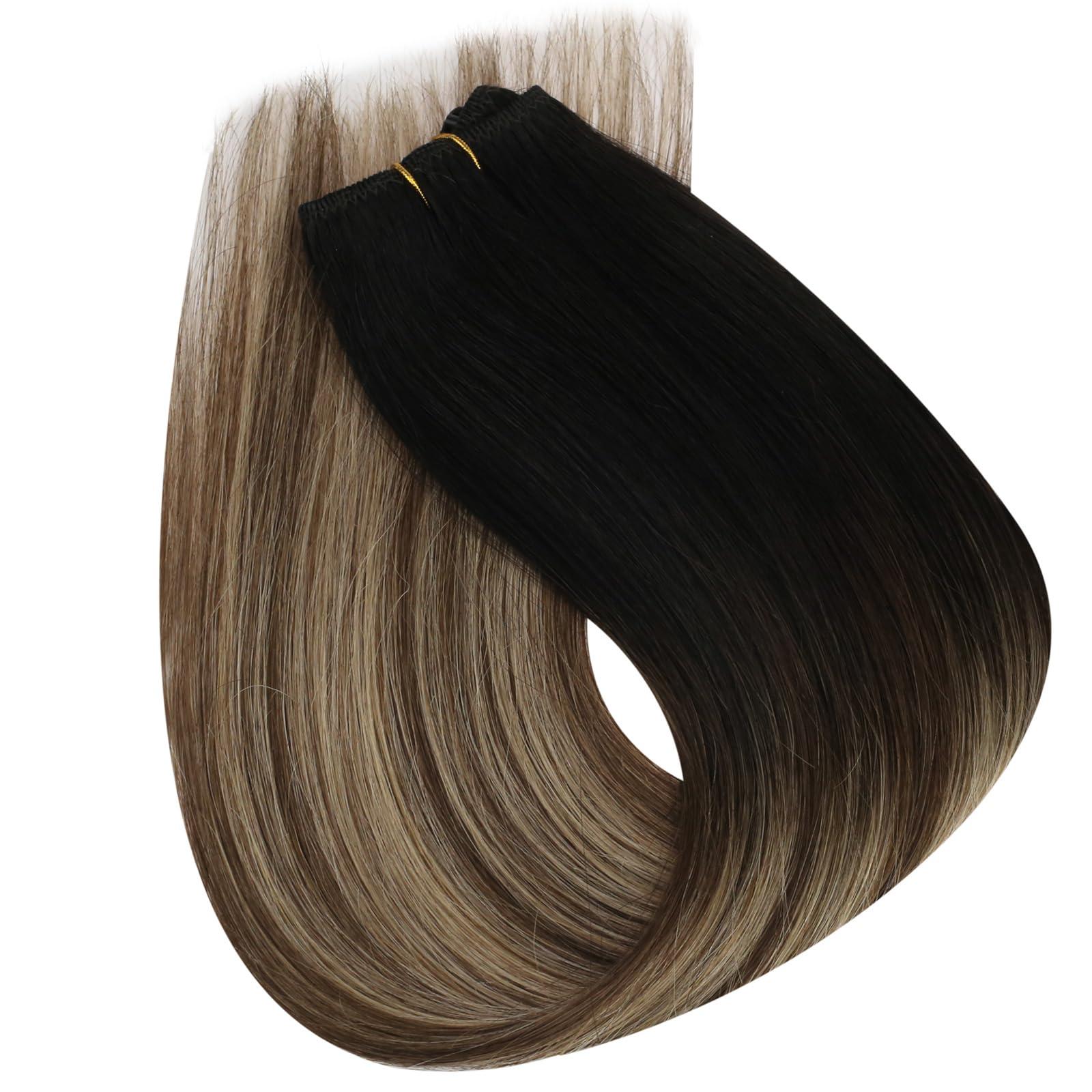 Sunny Hair Sunny Hair Beaded Weft Hair Extensions Human Hair 50G Micro Bead Weft Hair Extensions Real Human Hair Straight Weft Hair Extensions Easy Weft Natural Black to Dark Brown with Caramel Blonde 18inch