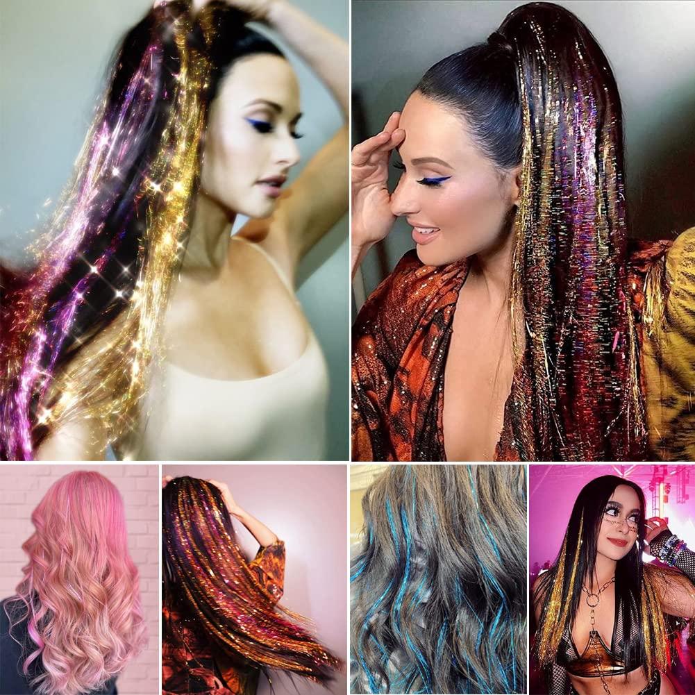 AIFIHIYI AIFIHIYI Hair Tinsel Kit with Tools 48 Inch 1200 Strands Pink Tinsel Hair Extensions Fairy Hair Tinsel Kit Heat Resistant Glitter Hair Extensions Tensile Hair Accessories for Girls Women (Pink)