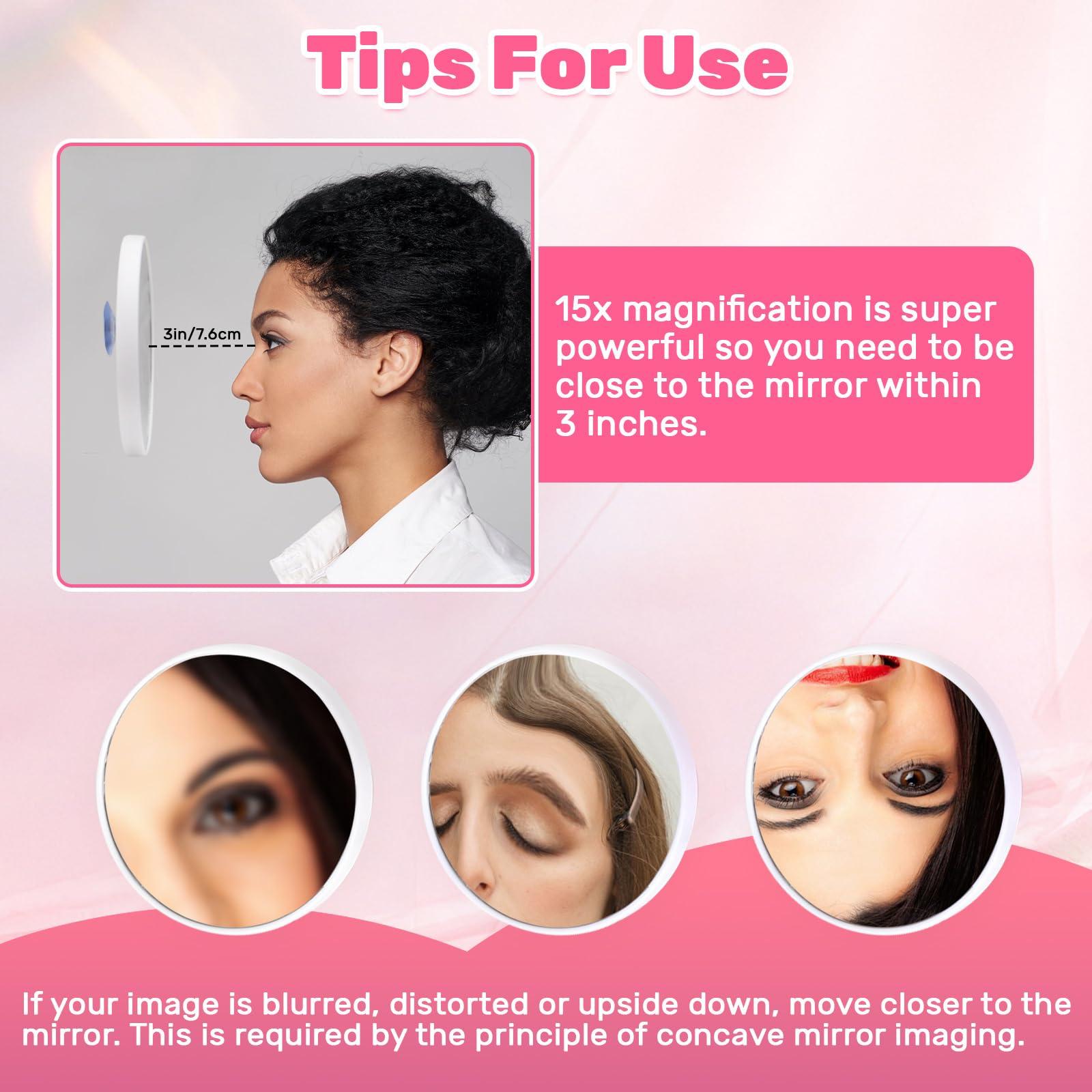 BELEFU BELEFU 2 Pcs 15X Travel Magnifying Mirror Suction Cup, 3.54 Inch Round Small Magnified Mirror Compact, Portable Face Makeup Mirror with Magnification for Pluck Eyebrows Shaving Bathroom