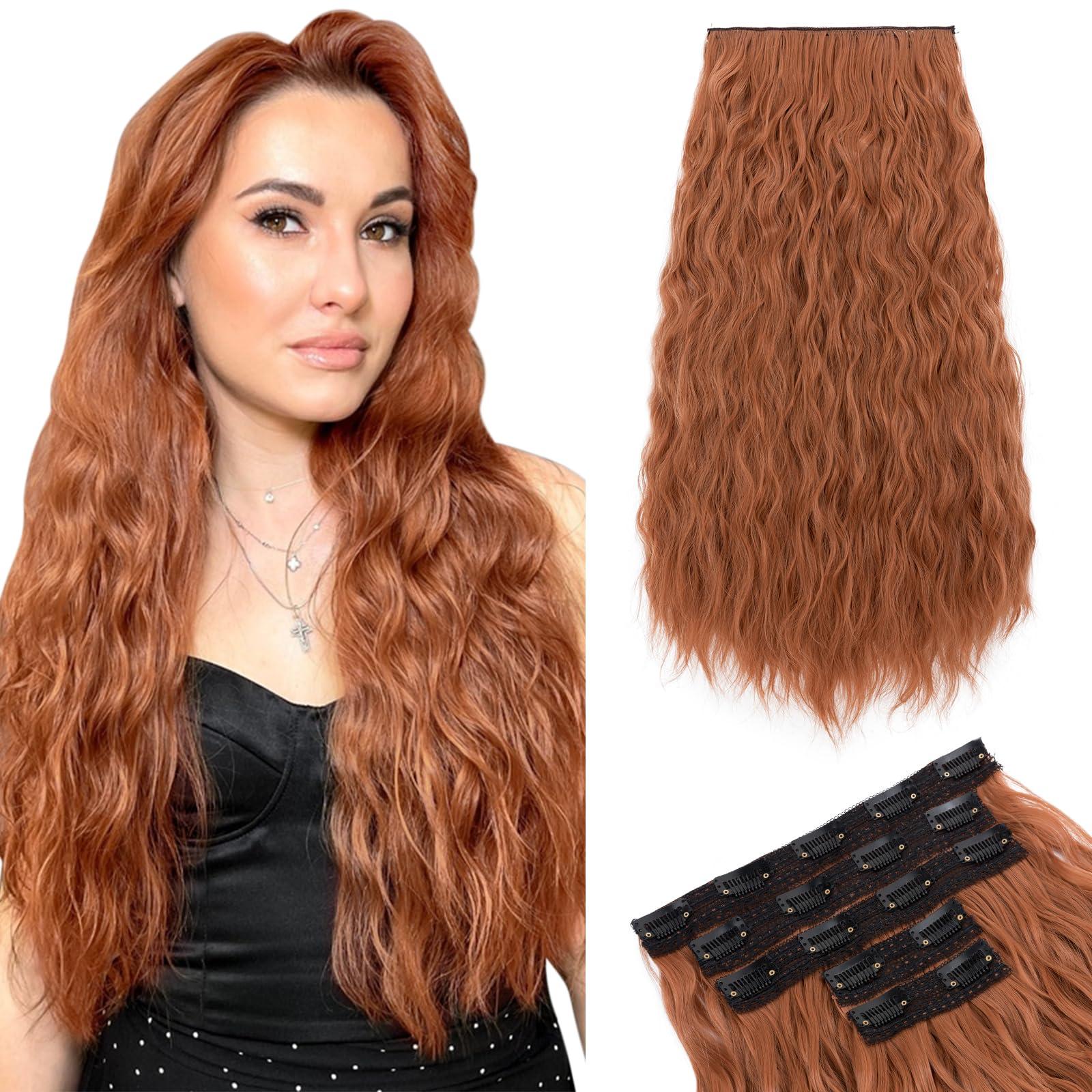 Hairro Hairro Clip In Hair Extensions 5PCS 17 Clips Ginger Copper Red Hair Extensions Synthetic Long Wavy Loose Wave Invisible Lace Weft Clip Ins Hairpiece For Women 24\" 250g #T1439