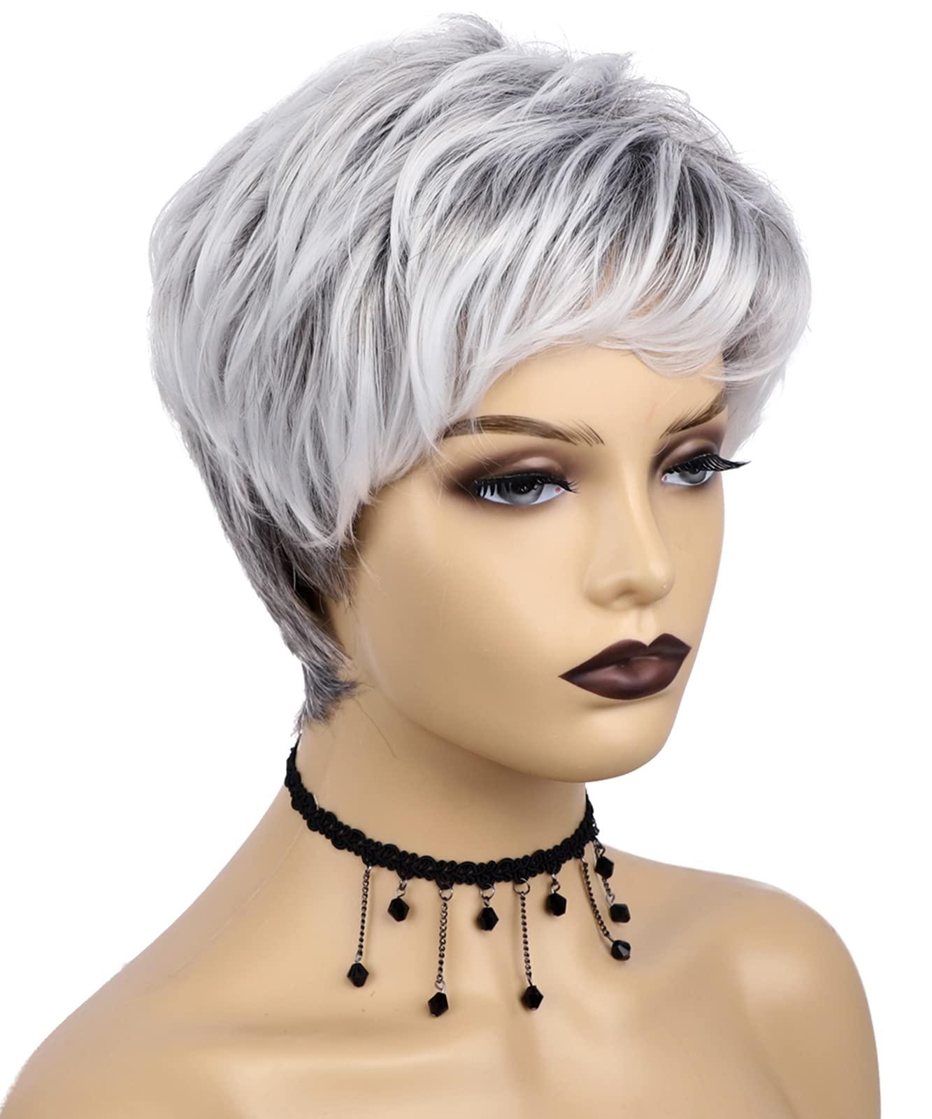 Happy Cherry Happy Cherry Short Hair Wigs with Bangs for White Women Ombre Wigs White Human Hair Wig Fluffy Shag Wig Synthetic Mom Wigs With Cap Comb