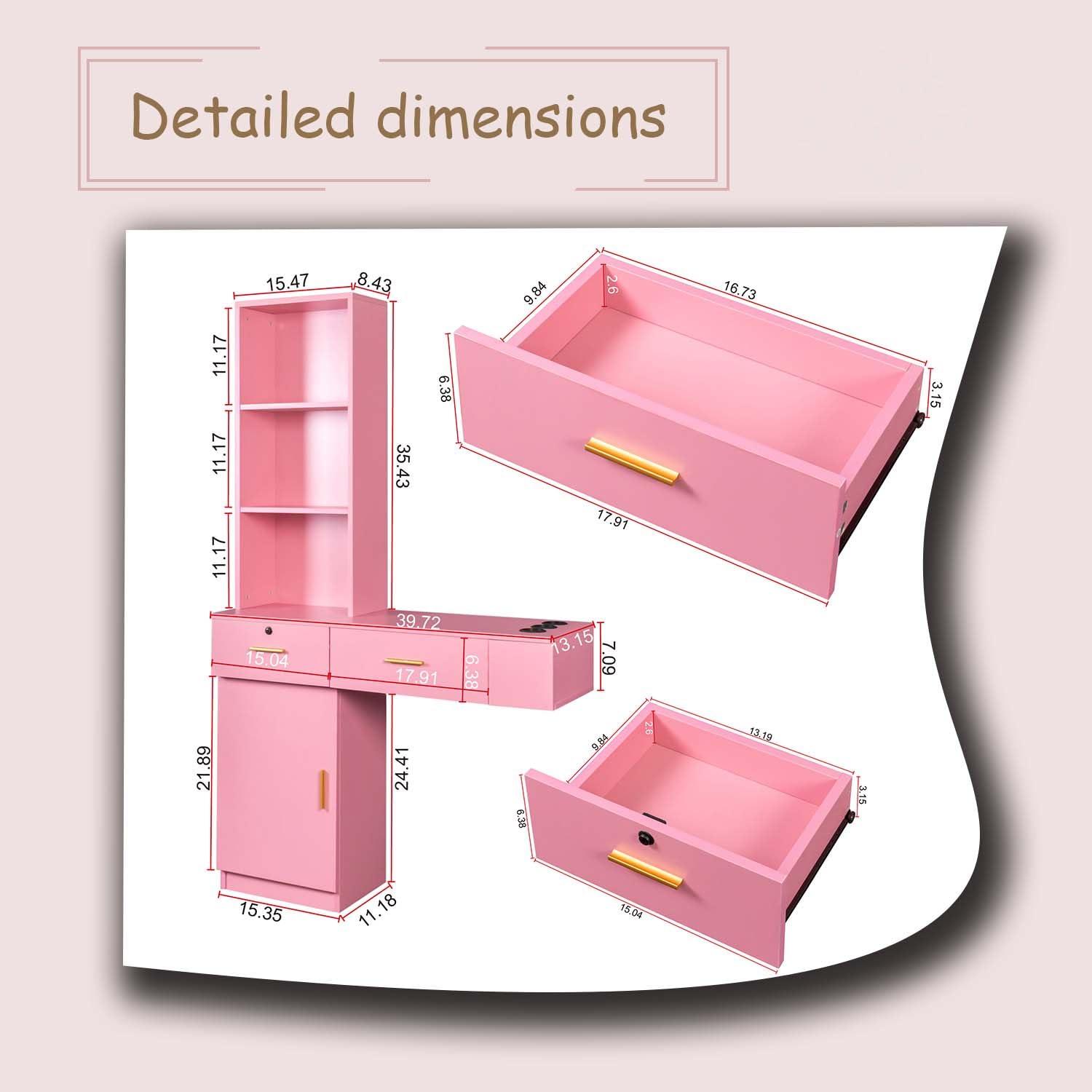 Shuoya Jewelry Salon Stations, Barber Stations Vanity Desk with Open Storage Shelf and Drawers, Hair Styling Equipement Set for Hair Stylist Bedroom Make Up Room Girls Women (Pink)