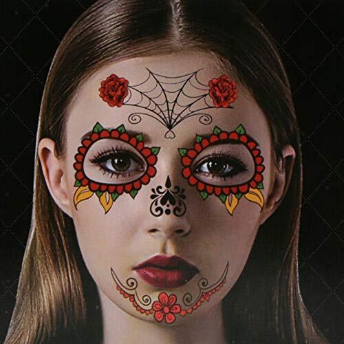 ARTEM Halloween Face Tattoo Stickers Sugar Skull Temporary Tattoos Day of the Dead Parties Makeup Supplies with Black Web, Red Rose, Scar, Blood, Floral Design for Halloween Parties, Masquerade 9 PCS