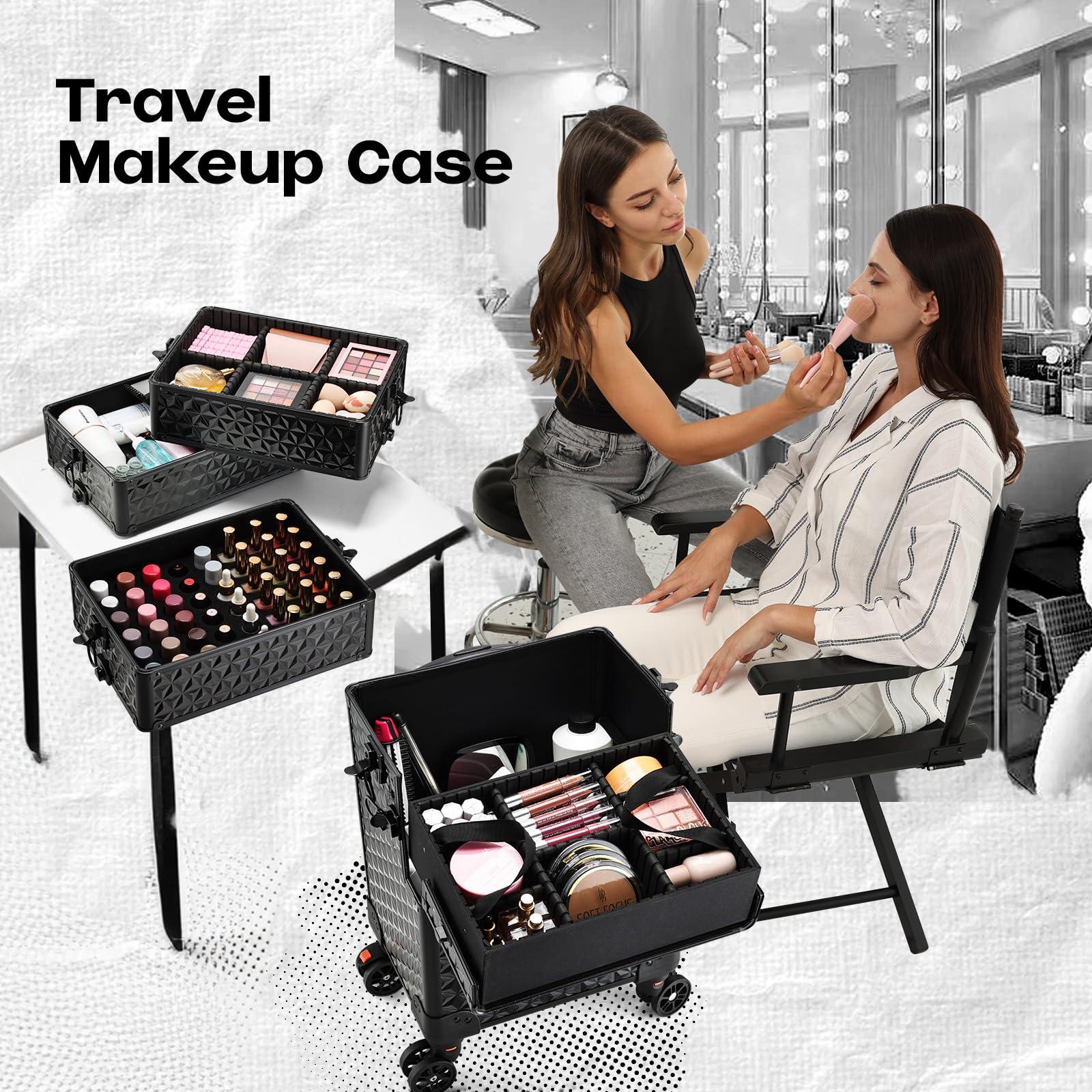 Yueieoun Yueieoun 5 in 1 Professional Makeup Train Case on Wheels, Extra Large Cosmetic Case Aluminum Rolling Makeup Case Trolley Makeup Travel Organizer with 360 Swivel Wheels, Black