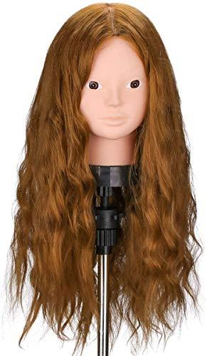 TopDirect Mannequin Head with 80% Human Hair, TopDirect 23.5" Brown Real Hair Cosmetology Mannequin Head Hair Styling Hairdressing Practice Training Doll Heads with Clamp Holder and Tools