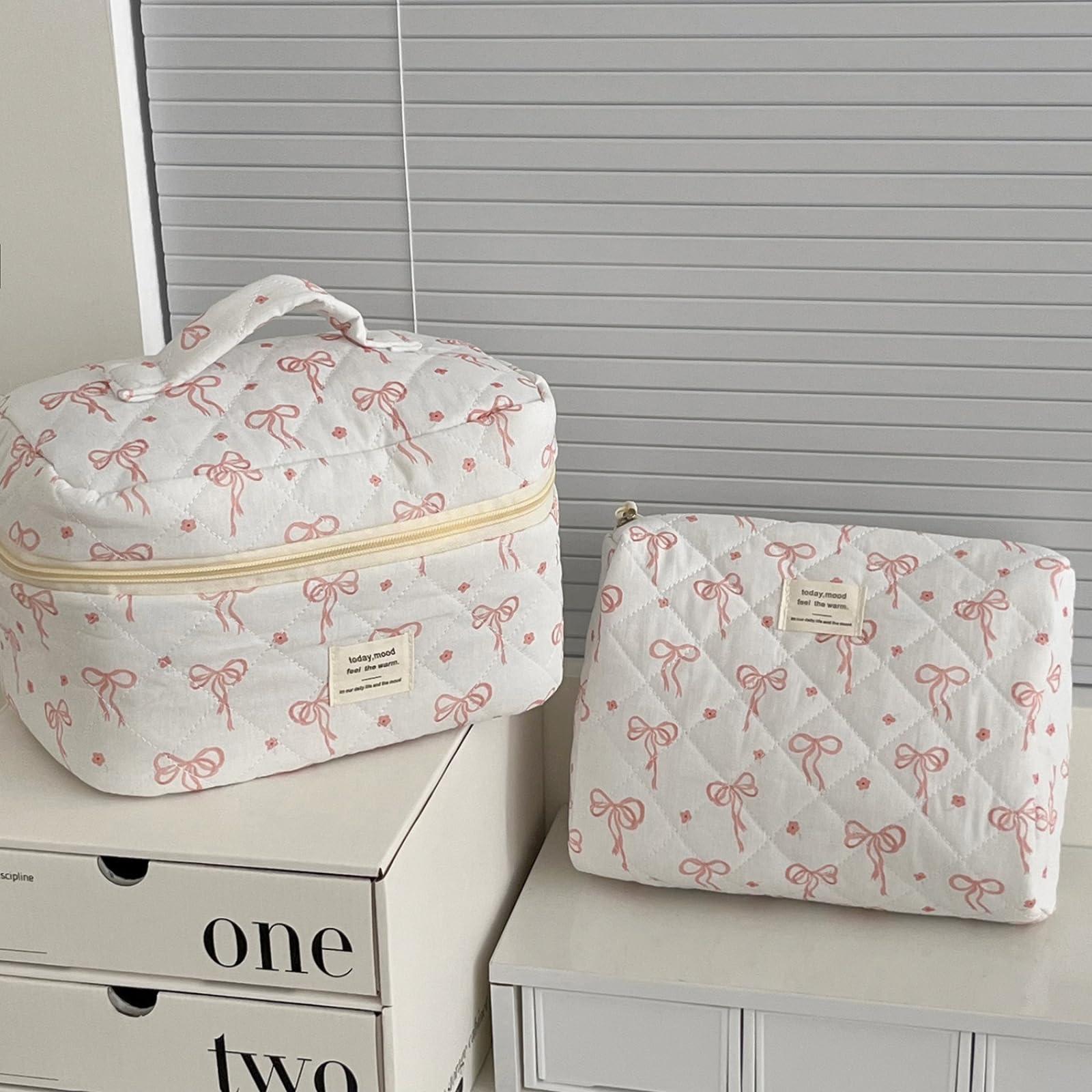 JINFANRUI Makeup Bag Set, 3 Pcs Quilted Makeup Bag Set, Pink Bow Makeup Bag Travel Toiletry Bag, Striped Bear Makeup bags, Cute Cotton Cosmetic Bag Large Travel Makeup Bag For Women And Girls (E)