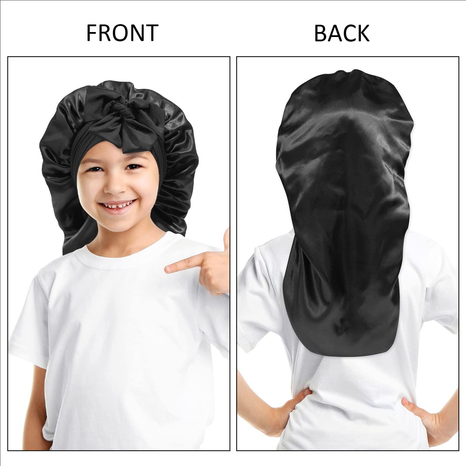 AWAYTR AWAYTR Long Toddler Silk Bonnet for Sleeping Elastic Satin Bonnets for Curly Hair Braid Bonnet Night Cap for Aged 3-12 Kids (Black)