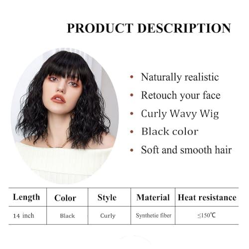 Haoland Short Black Hair Wig,Shoulder Length Bob Curly Wavy Black Wig With Bangs for Women, Charming Heat-resistant Synthetic Hair Wigs for Date Daily Use