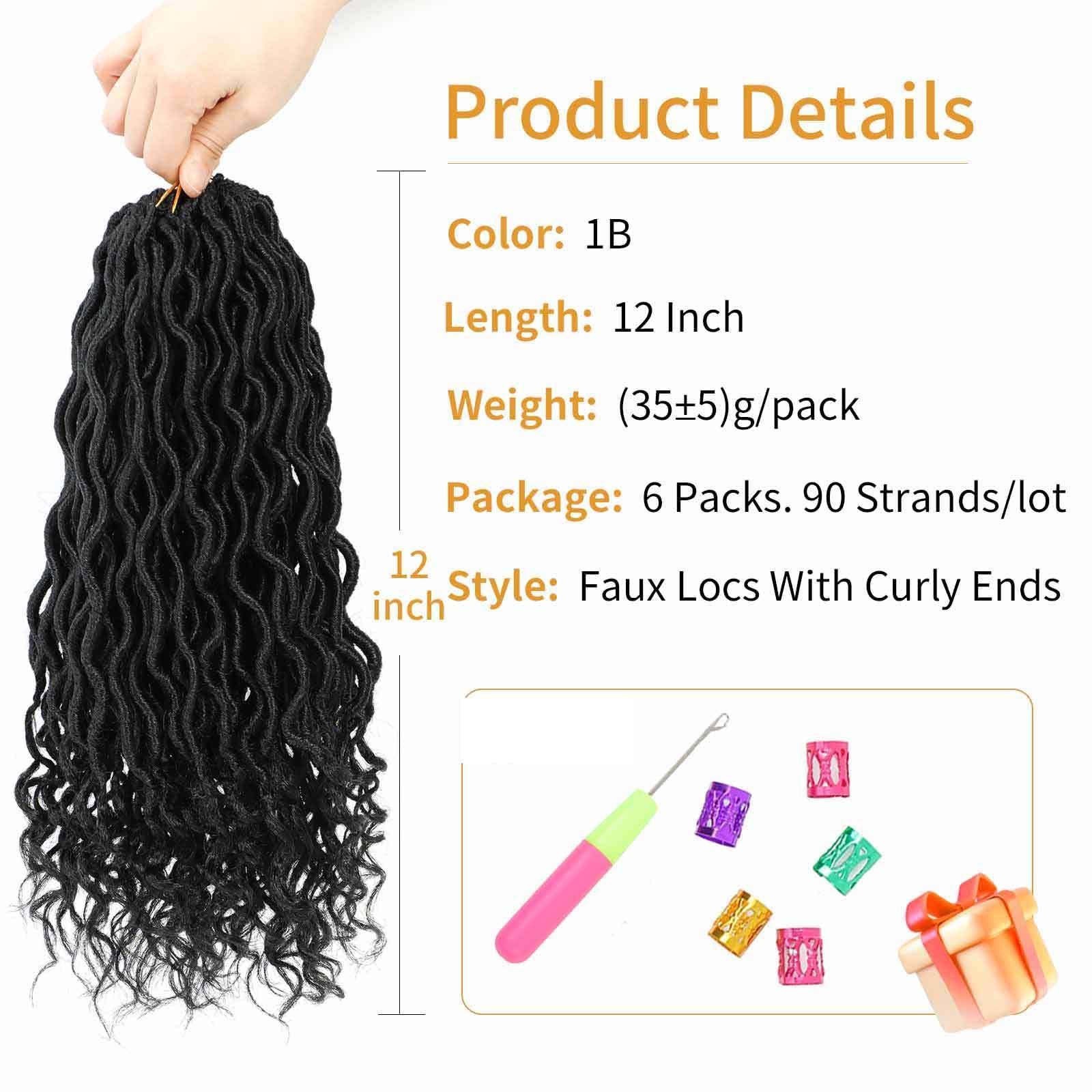 Cohariss Short Faux Locs Crochet Hair Pre Looped 12 Inch 6 Packs Goddess Locs Crochet Hair Soft Faux Locs with Curly Ends(12 Inch,6 Packs,1B)